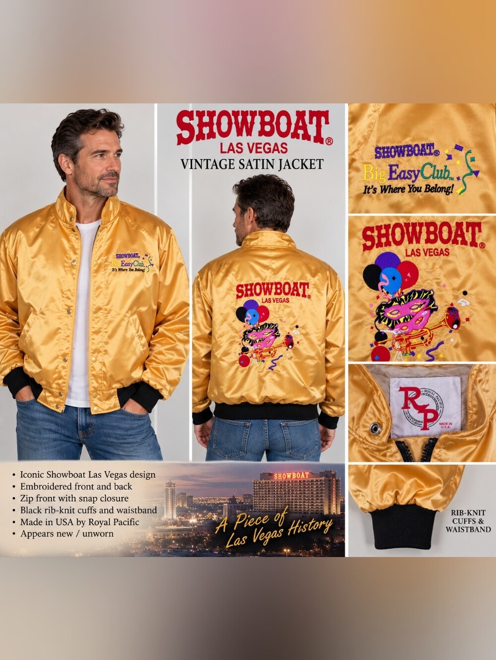 Vintage Showboat Las Vegas Unisex S Gold Satin Bomber Jacket USA Big Easy Club